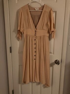 Light Orange Button-Front Midi Dress with Tie Sleeve Detail, Linen Blend